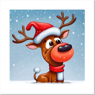 Christmas Reindeer with Santa Hat is standing in deep snow. Posters and Art